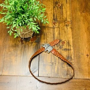 Chico’s brown & sliver elephant buckle woven belt